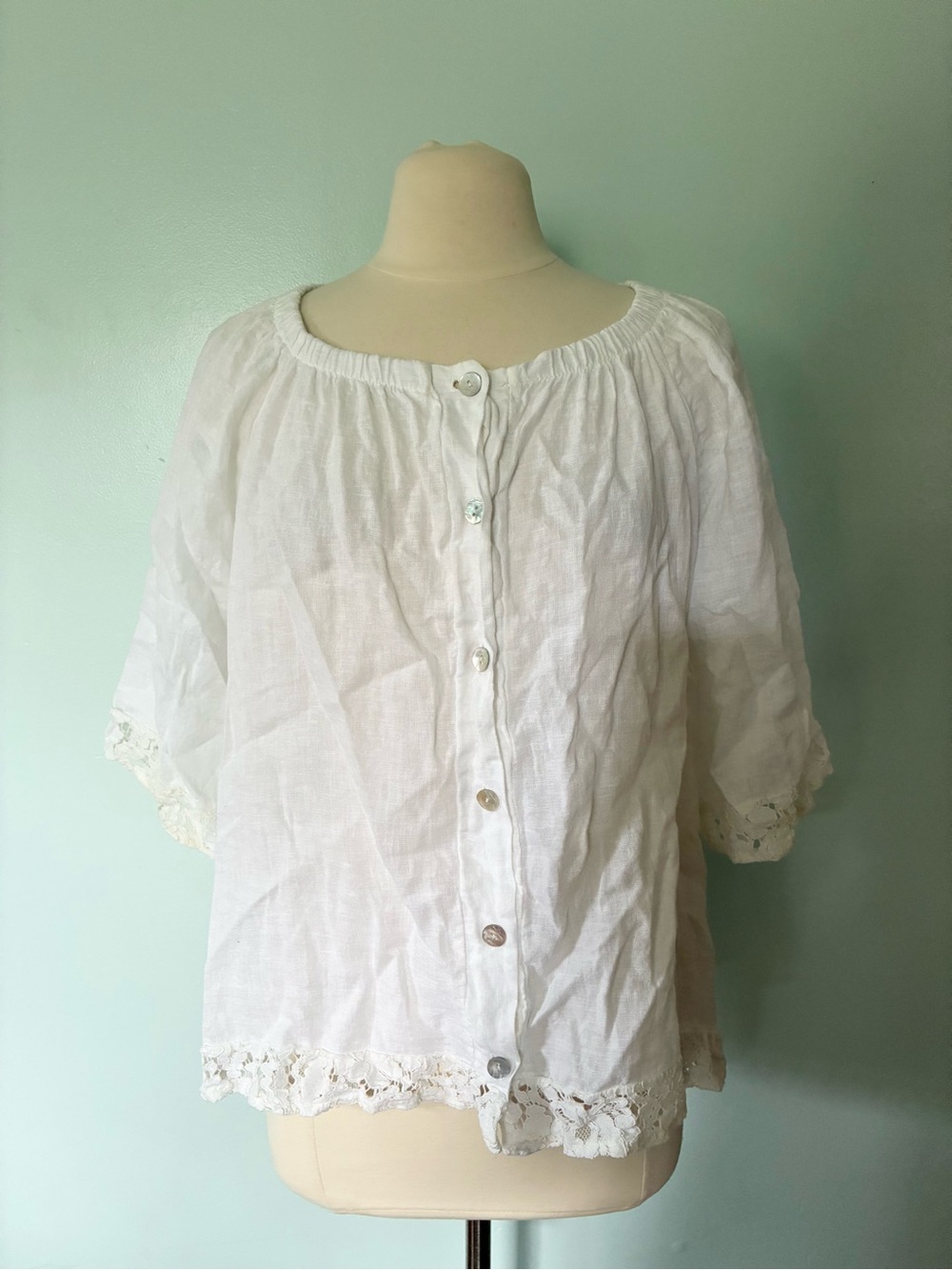 Belle France Boho Linen Button Down Lace Trim Blouse